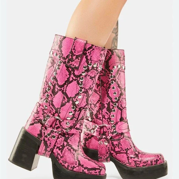 Pink Snakeskin Studded Platform Ankle Boots Chunky Heel. + size 8 - Picture 1 of 11